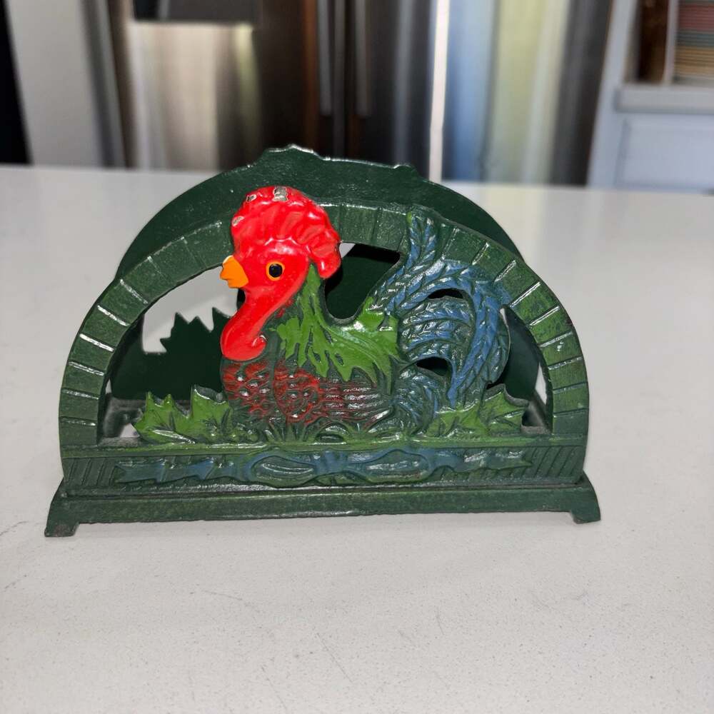 ODI 2002 Cast Iron Painted Rooster Napkin Holder